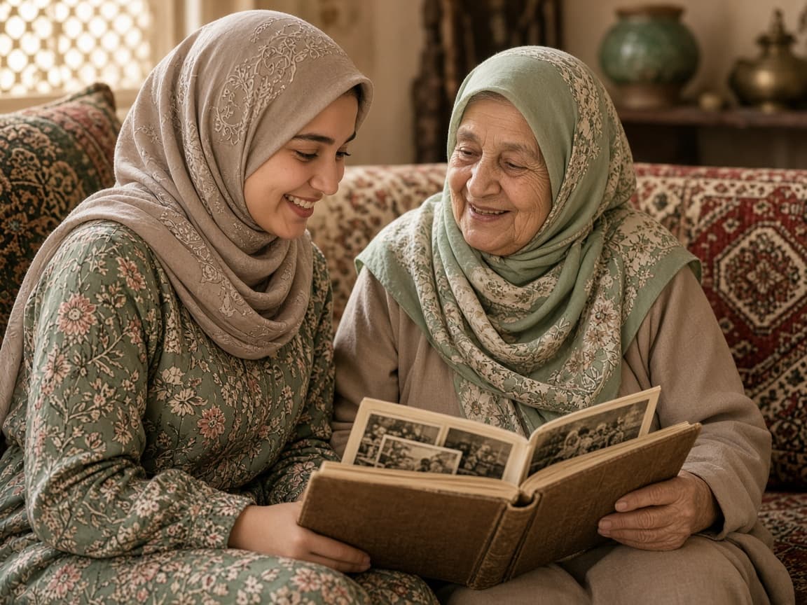 نوه در حال دیدن آلبوم عکس و شنیدن خاطرات مادربزرگ