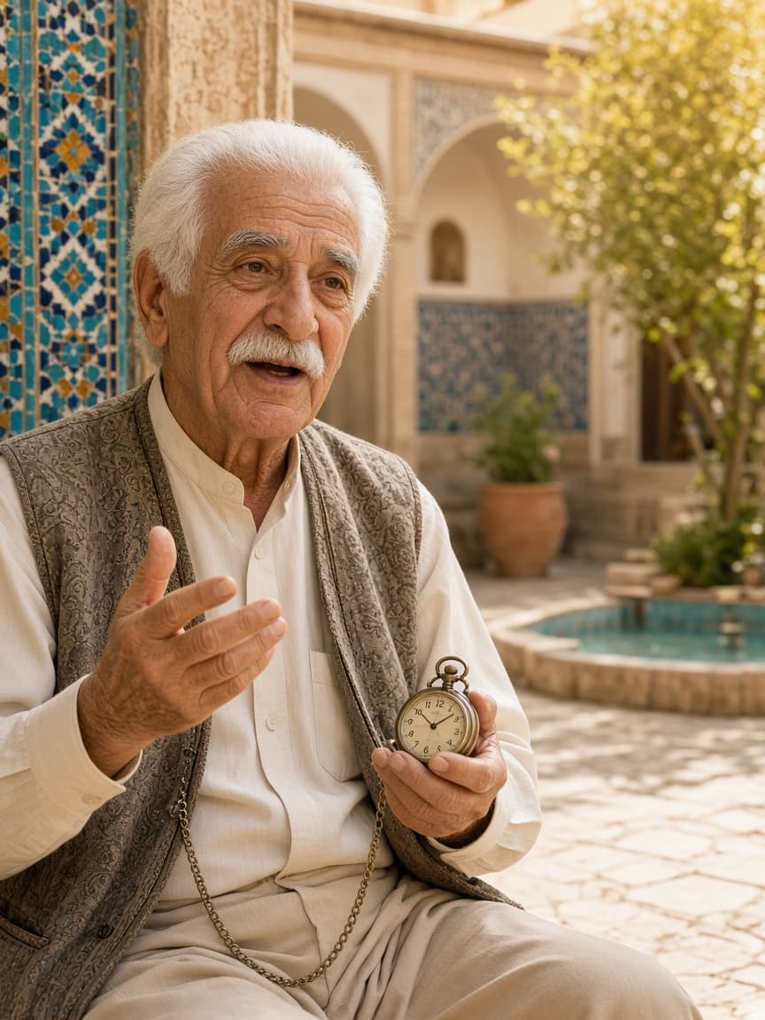 پدربزرگ ایرانی در حیاط خانه، آماده تعریف خاطره